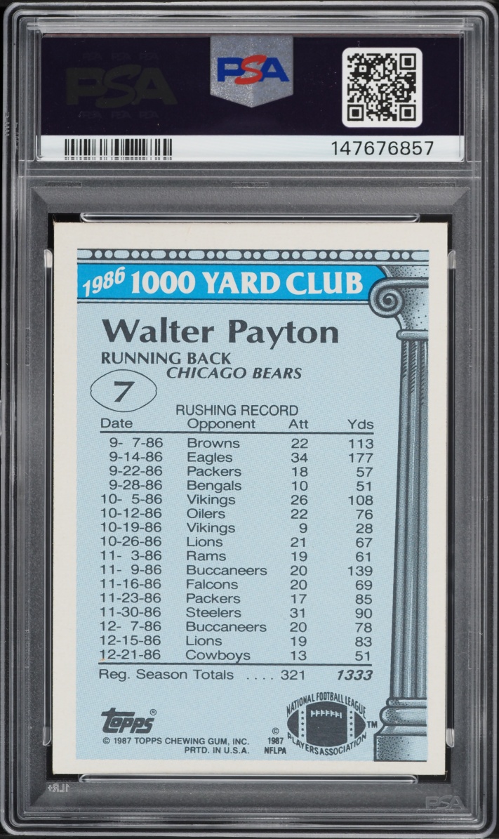 1987 Topps 1000 Yard Club Walter Payton #7 PSA 7 NRMT