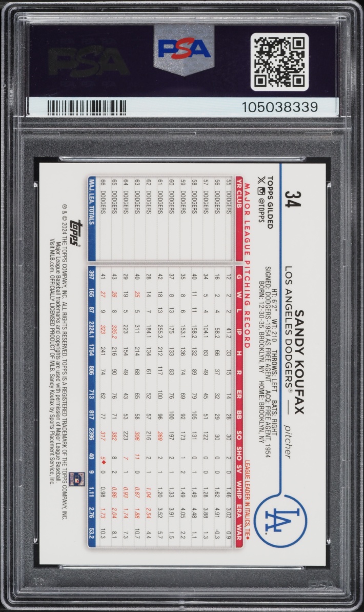 2024 Topps Chrome Gilded Collection Sandy Koufax /99 #34 PSA 10 GEM MINT