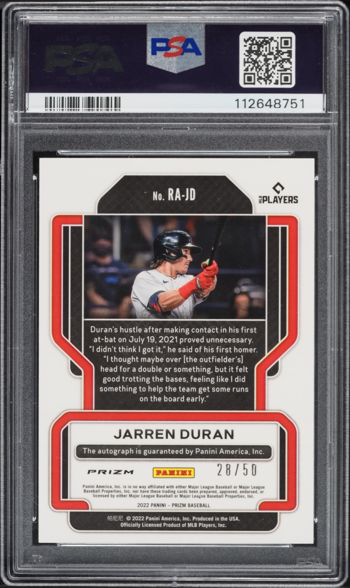 2022 Panini Prizm Blue Wave Jarren Duran ROOKIE AUTO /50 #RAJD PSA 9 MINT