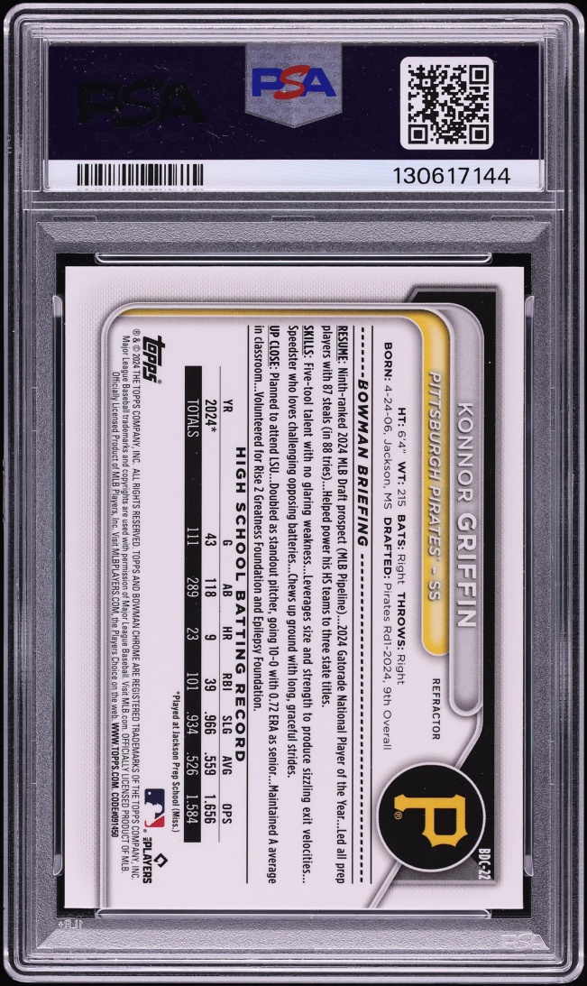 2024 Bowman Chrome Draft Refractor Konnor Griffin PROSPECT AUTO DNA 10 #BDC-22 PSA AUTH