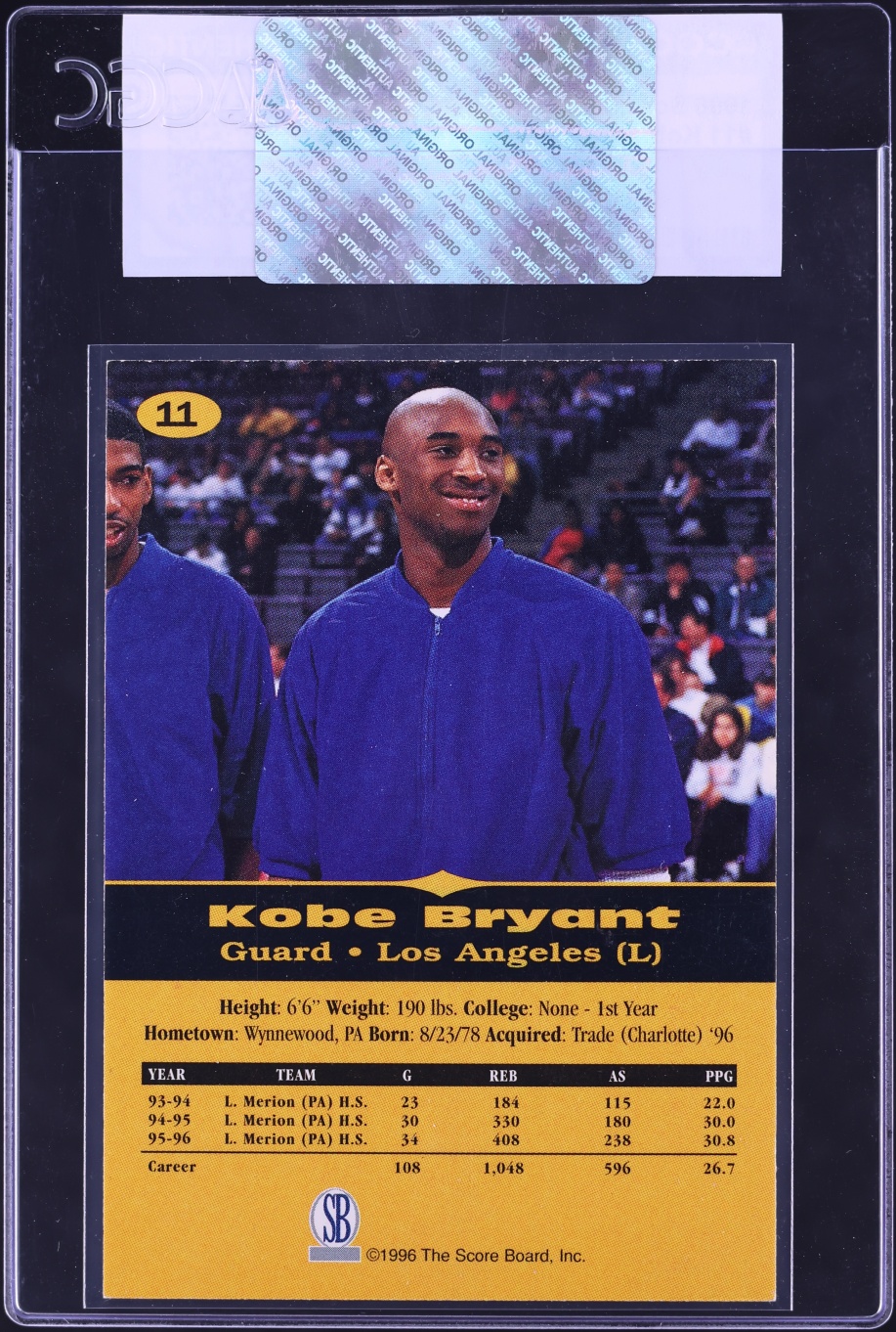 1996 Score Board All Sport PPF Kobe Bryant ROOKIE #11 CGC AUTH