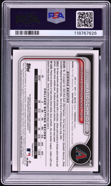 2024 Bowman Chrome Draft Sparkle Refractor Ryan Waldschmidt PROSPECT AUTO /71 #CPARW PSA 9 MINT