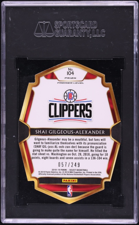 2018 Select Premiere Level Blue Prizm Die-Cut Shai Gilgeous-Alexander ROOKIE /249 #104 SGC 10