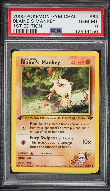 2000 Pokemon Gym Challenge 1st Edition Blaine's Mankey #63 PSA 10 GEM MINT