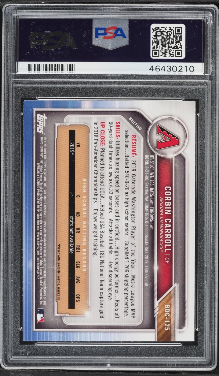 2019 Bowman Chrome Draft Sapphire Corbin Carroll PROSPECT #BDC-125 PSA 9 MINT
