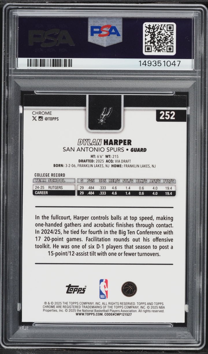 2025 Topps Chrome Dylan Harper ROOKIE #252 PSA 10 GEM MINT