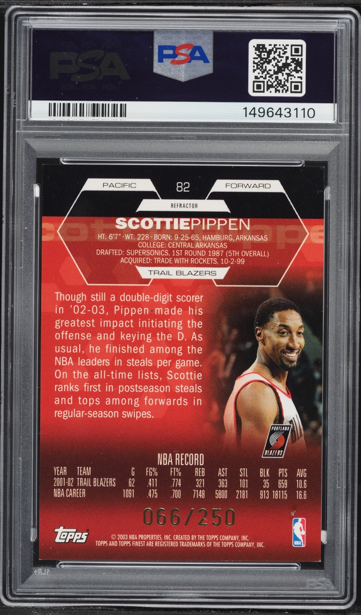 2002 Finest Refractor Scottie Pippen /250 #82 PSA 9 MINT