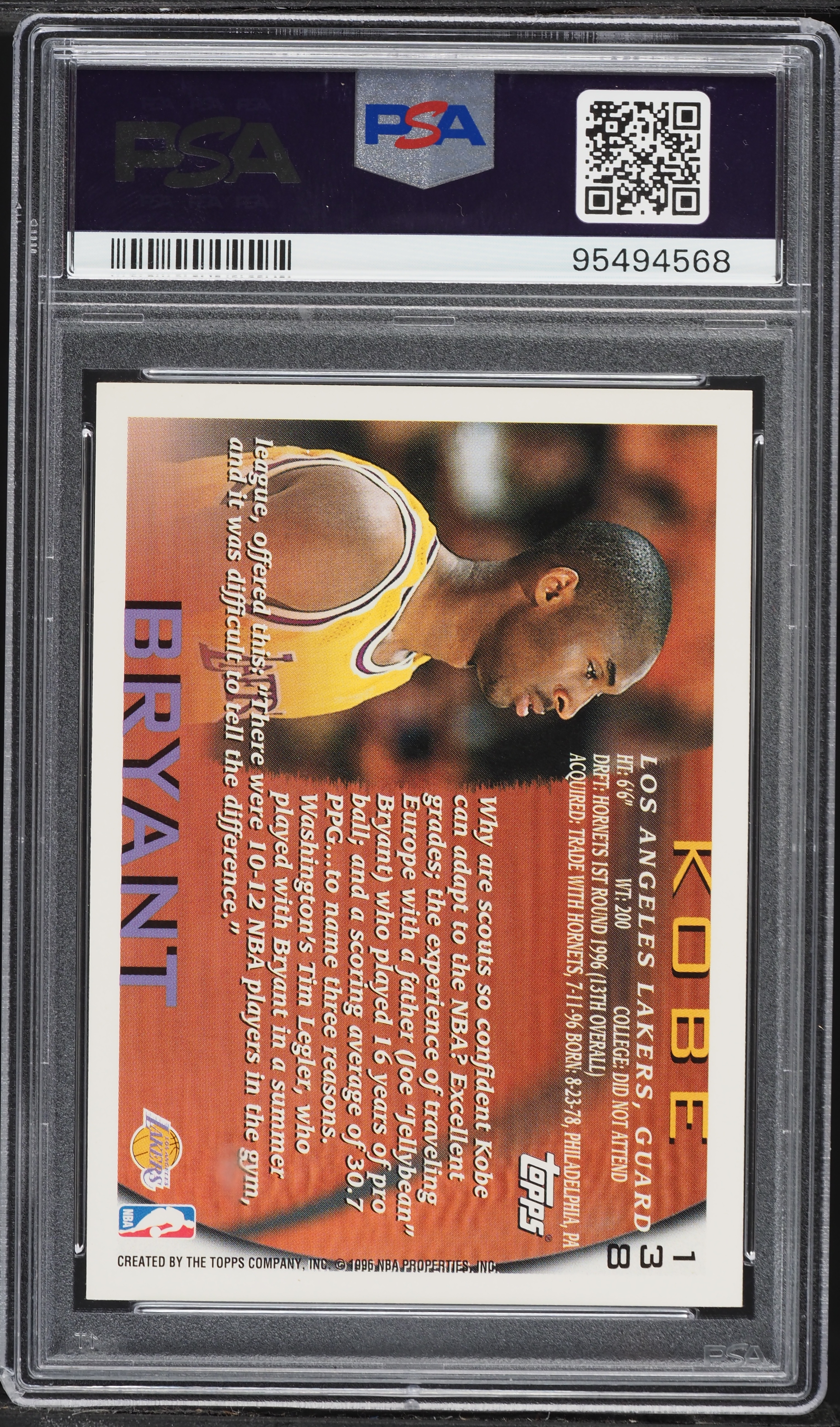 1996 Topps Basketball Kobe Bryant ROOKIE #138 PSA 9 MINT on
