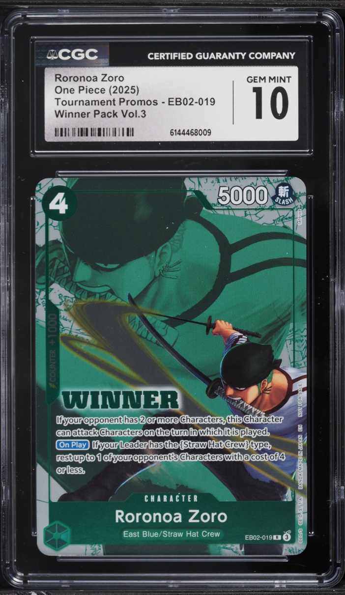 2025 One Piece Tournament Promo Winner Pack Volume 3 Roronoa Zoro #EB02-019 CGC 10 GEM MINT