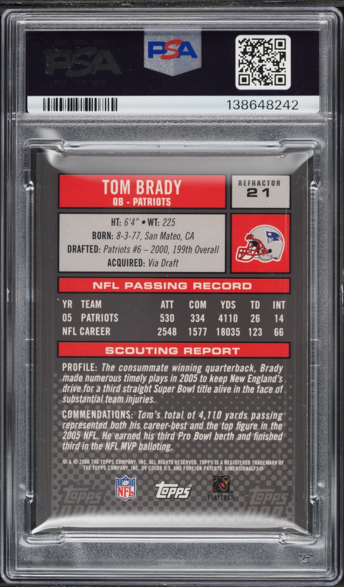 2006 Topps Chrome Draft Picks Black Refractor Tom Brady #21 PSA 7 NRMT