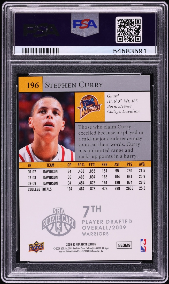 2009 Upper Deck 1st Edition Stephen Curry ROOKIE #196 PSA 8 NM-MT