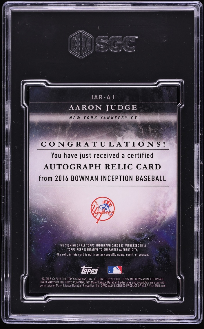 2016 Bowman Inception Aaron Judge PROSPECT PATCH AUTO #IAR-AJ SGC 9.5 MINT+