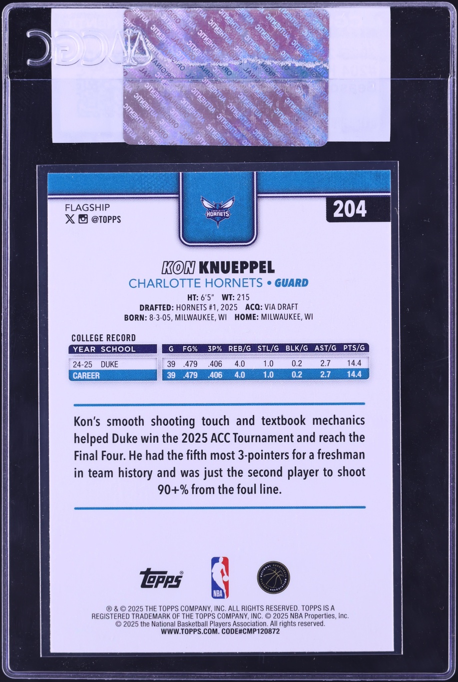 2025 Topps Season Tip Off Kon Knueppel ROOKIE #204 CGC AUTH