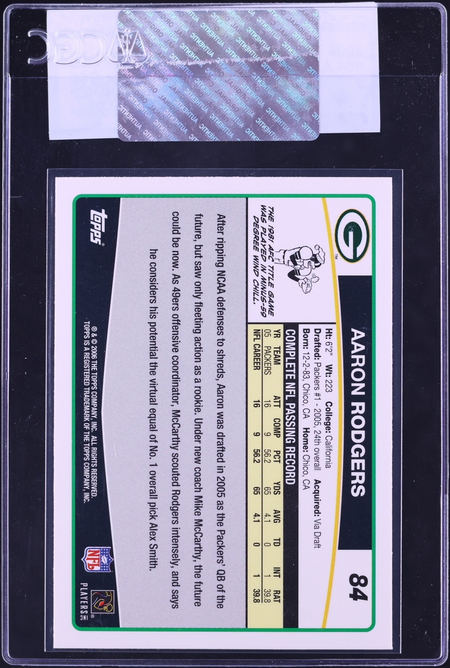 2006 Topps Football Aaron Rodgers #84 CGC AUTH