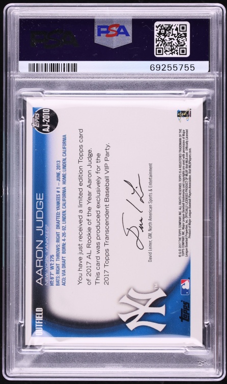 2017 Topps Transcendent Collection History Aaron Judge ROOKIE /87 #AJ-2010 PSA 9 MINT