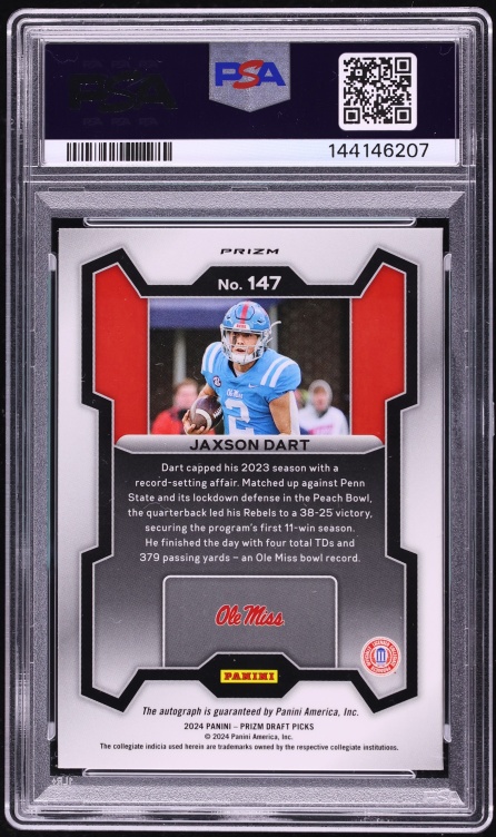 2024 Panini Prizm Draft Picks Jaxson Dart ROOKIE AUTO #147 PSA 10 GEM MINT