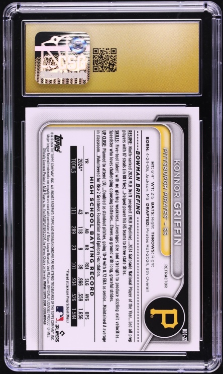 2024 Bowman Chrome Draft Refractor Konnor Griffin PROSPECT #BDC-22 CGC 10 PRISTINE