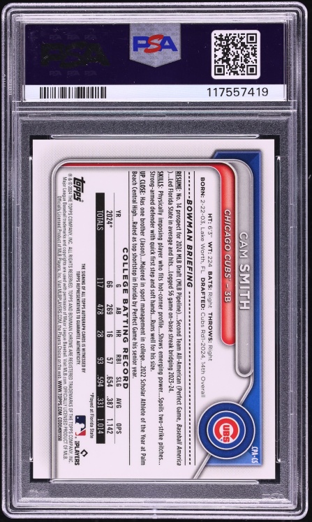 2024 Bowman Chrome Draft Gold Ref Cam Smith PROSPECT AUTO DNA 10 /50 #CPACS PSA 10 GEM MINT