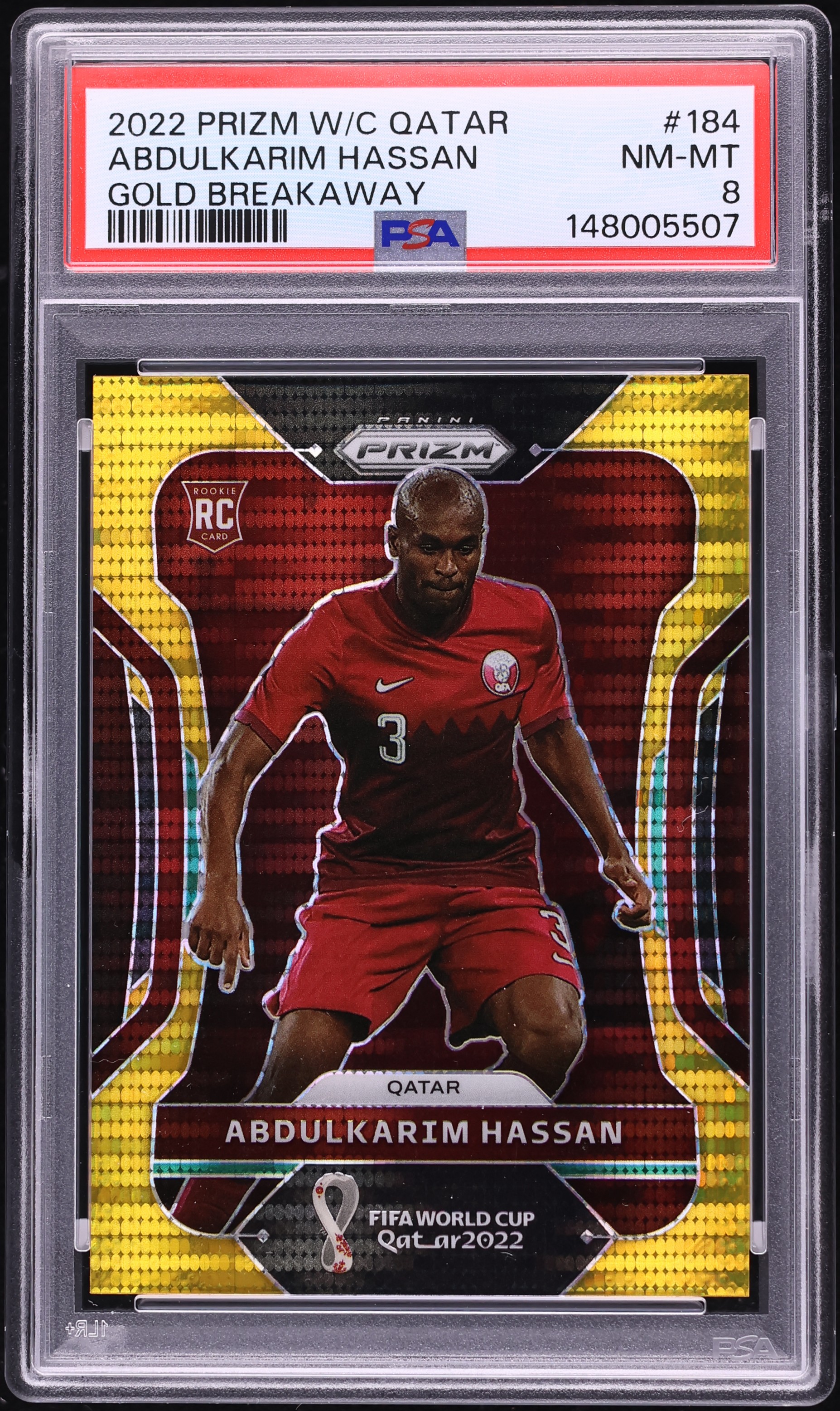 2022 Panini Prizm FIFA World Cup Qatar Soccer Breakaway Prizms Gold Abdulkarim Hassan #184 PSA 8
