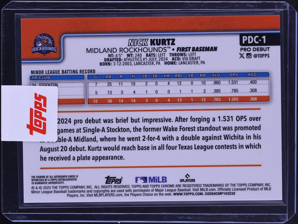 2025 Topps Chrome Pro Debut Orange Refractor Nick Kurtz ROOKIE AUTO /25 #PDC-1