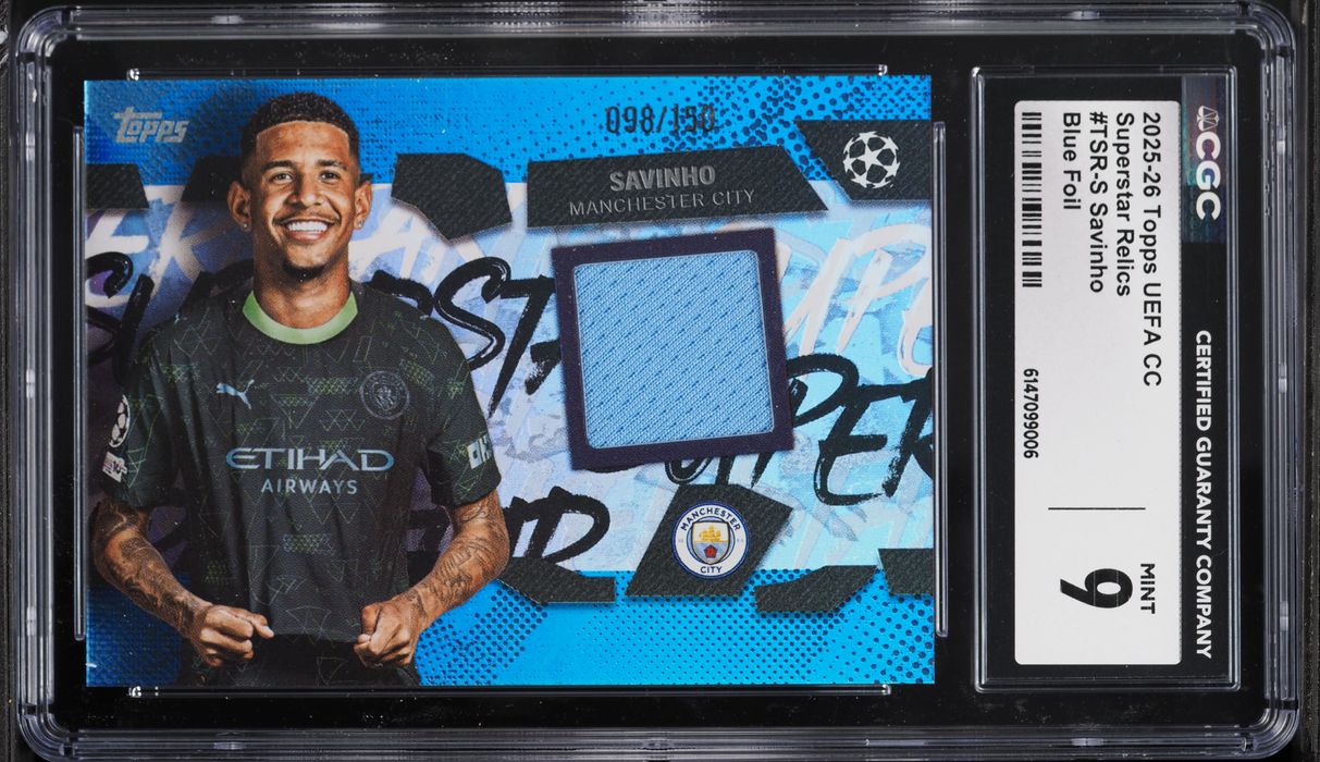 2025 Topps UEFA CC Superstar Relics Blue Foil Savinho PATCH /150 #TSR-S CGC 9 MINT