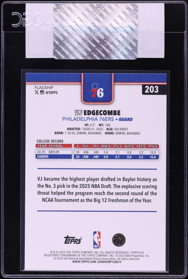 2025 Topps Basketball VJ Edgecombe ROOKIE #203 CGC AUTH