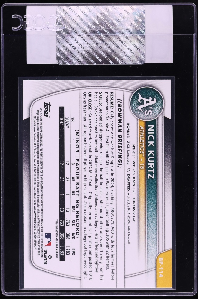 2025 Bowman Nick Kurtz PROSPECT #BP-114 CGC AUTH