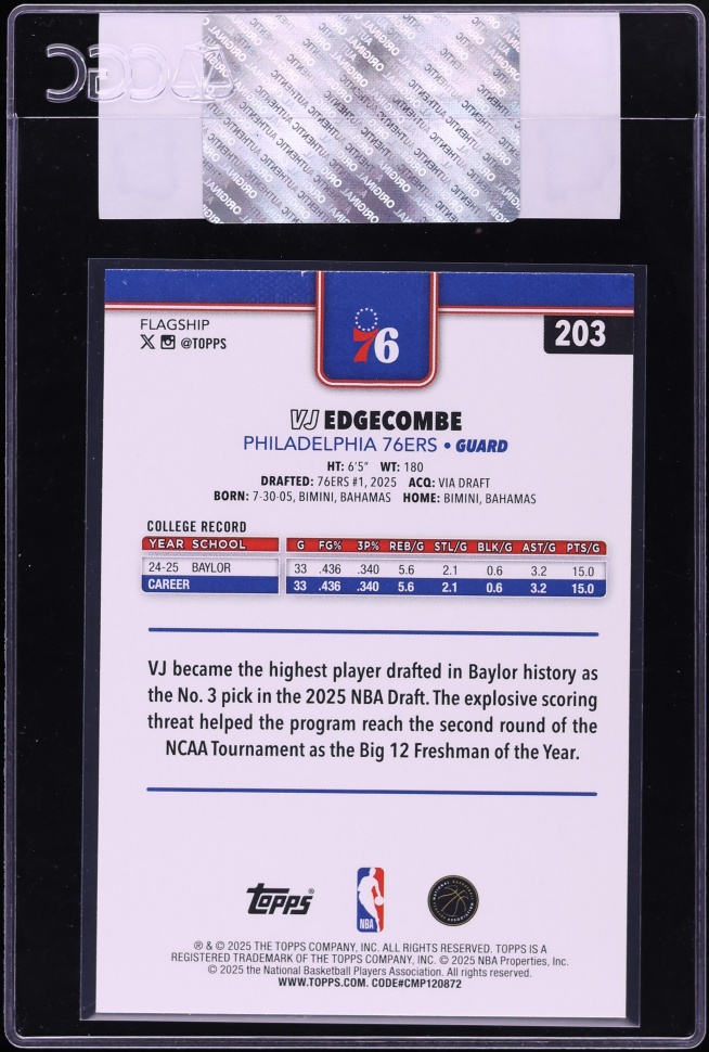 2025 Topps Basketball VJ Edgecombe ROOKIE #203 CGC AUTH
