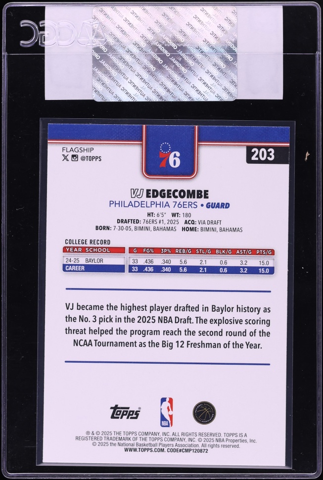 2025 Topps Basketball VJ Edgecombe ROOKIE #203 CGC AUTH