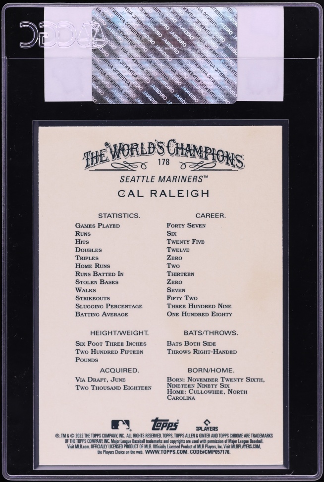 2022 Topps Chrome Allen & Ginter Cal Raleigh ROOKIE #178 CGC AUTH