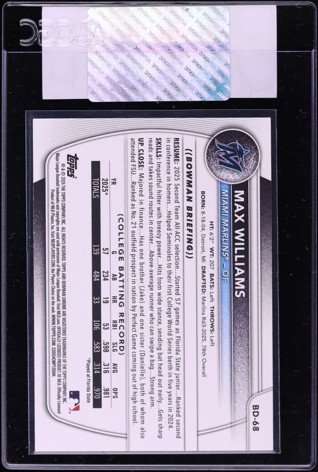 2025 Bowman Draft Black Max Williams PROSPECT 1/1 #BD-68 CGC AUTH