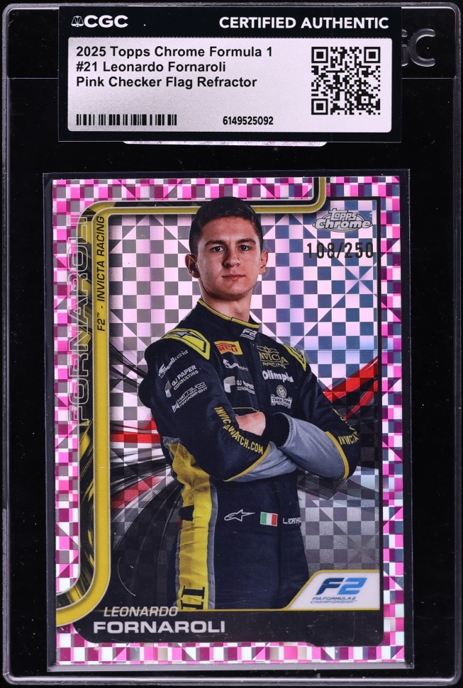 2025 Topps Chrome Formula 1 F1 Pink Checker Flag Refractor Leonardo Fornaroli /250 #21 CGC AUTH