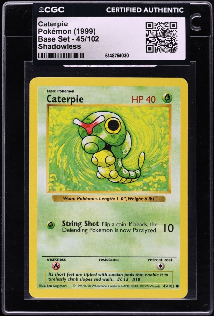 1999 Pokemon Base Set Shadowless Caterpie #45 CGC AUTH