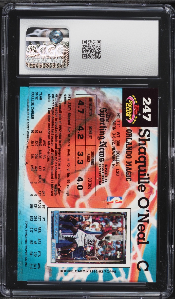 1992 Stadium Club Members Only Shaquille O'Neal ROOKIE #247 CGC 8 NM-MT