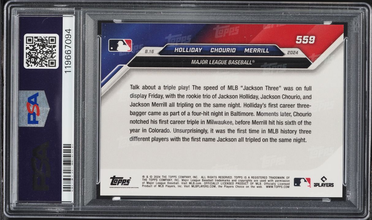 2024 Topps Now Purple Jackson Three Holliday Chourio Merrill ROOKIE /25 #559 PSA 10 GEM MINT