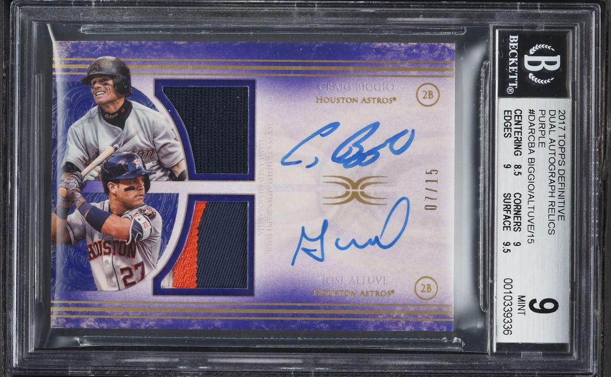 2017 Topps Definitive Collection Dual Purple Craig Biggio Jose Altuve PATCH AUTO /15 BGS 9 MINT