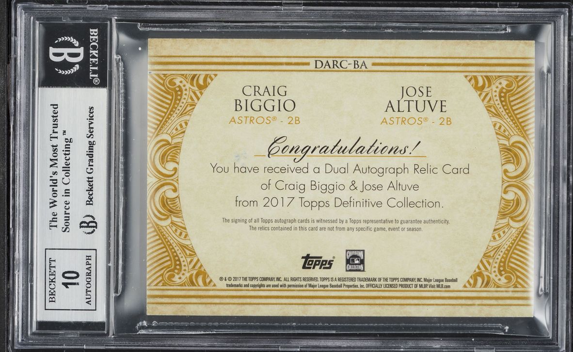 2017 Topps Definitive Collection Dual Purple Craig Biggio Jose Altuve PATCH AUTO /15 BGS 9 MINT