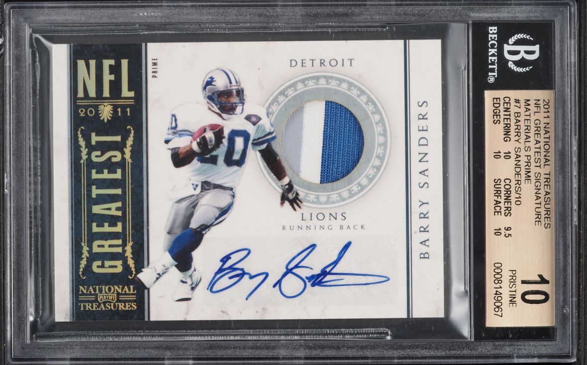 2011 Playoff National Treasures NFL Greatest Barry Sanders PATCH AUTO /10 #7 BGS 10 PRISTINE