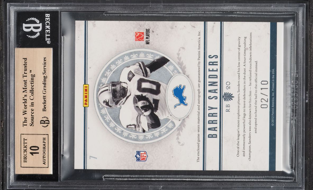 2011 Playoff National Treasures NFL Greatest Barry Sanders PATCH AUTO /10 #7 BGS 10 PRISTINE