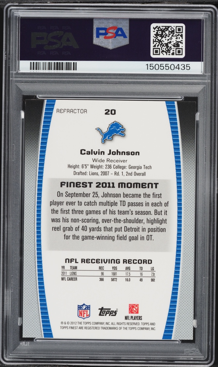 2012 Finest Red Refractor Calvin Johnson /25 #20 PSA 9 MINT