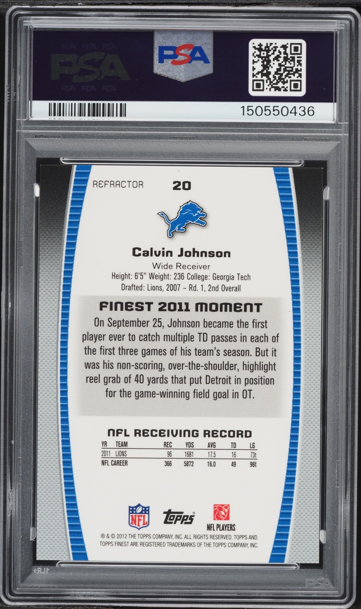 2012 Finest Gold Refractor Calvin Johnson 1/50 #20 PSA 8 NM-MT