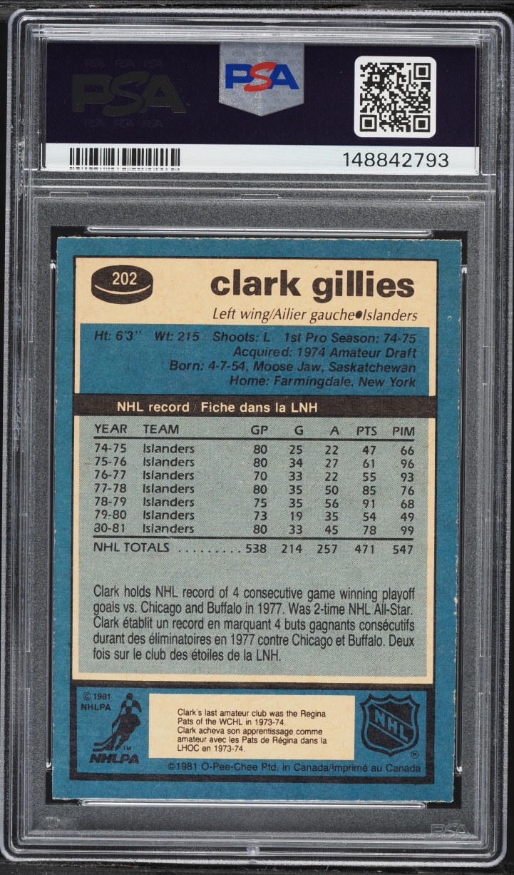 1981 O-Pee-Chee Hockey Clark Gillies #202 PSA 8 NM-MT