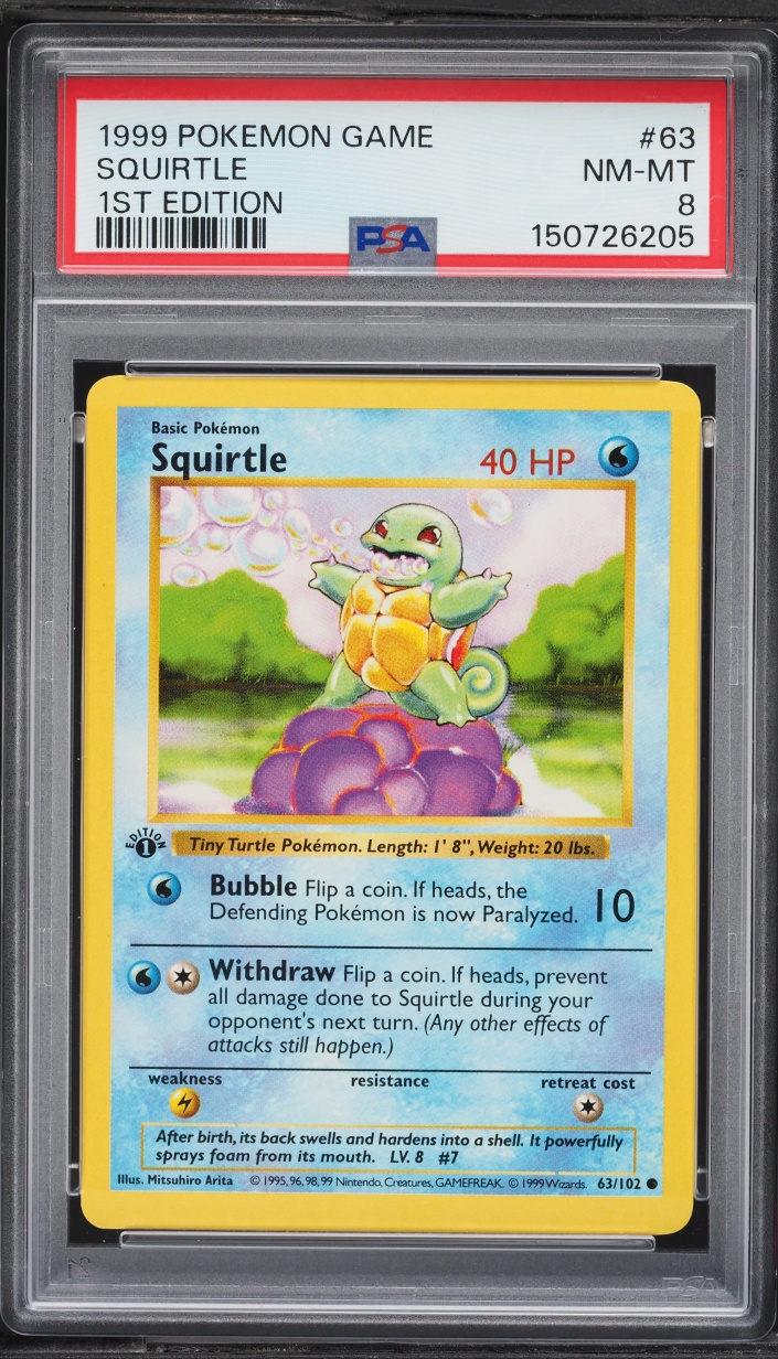 first edition squirtle card Squirtle 1999 Pokemon Game #63 1st Edition PSA 8