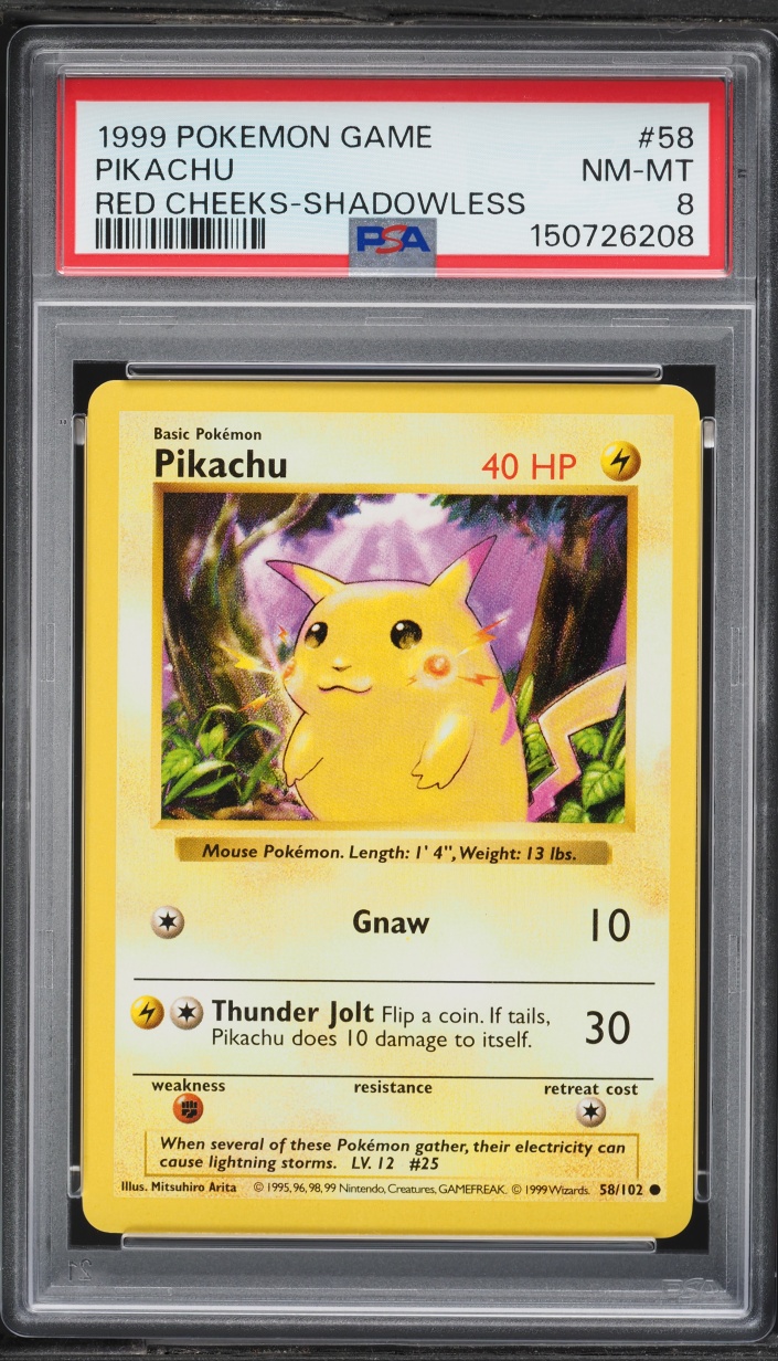 1999 Pokemon Base Set Shadowless Red Cheeks Pikachu #58 PSA 8 NM-MT