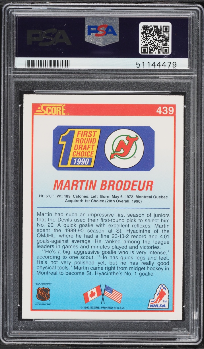 1990 Score Hockey Martin Brodeur ROOKIE #439 PSA 8 NM-MT