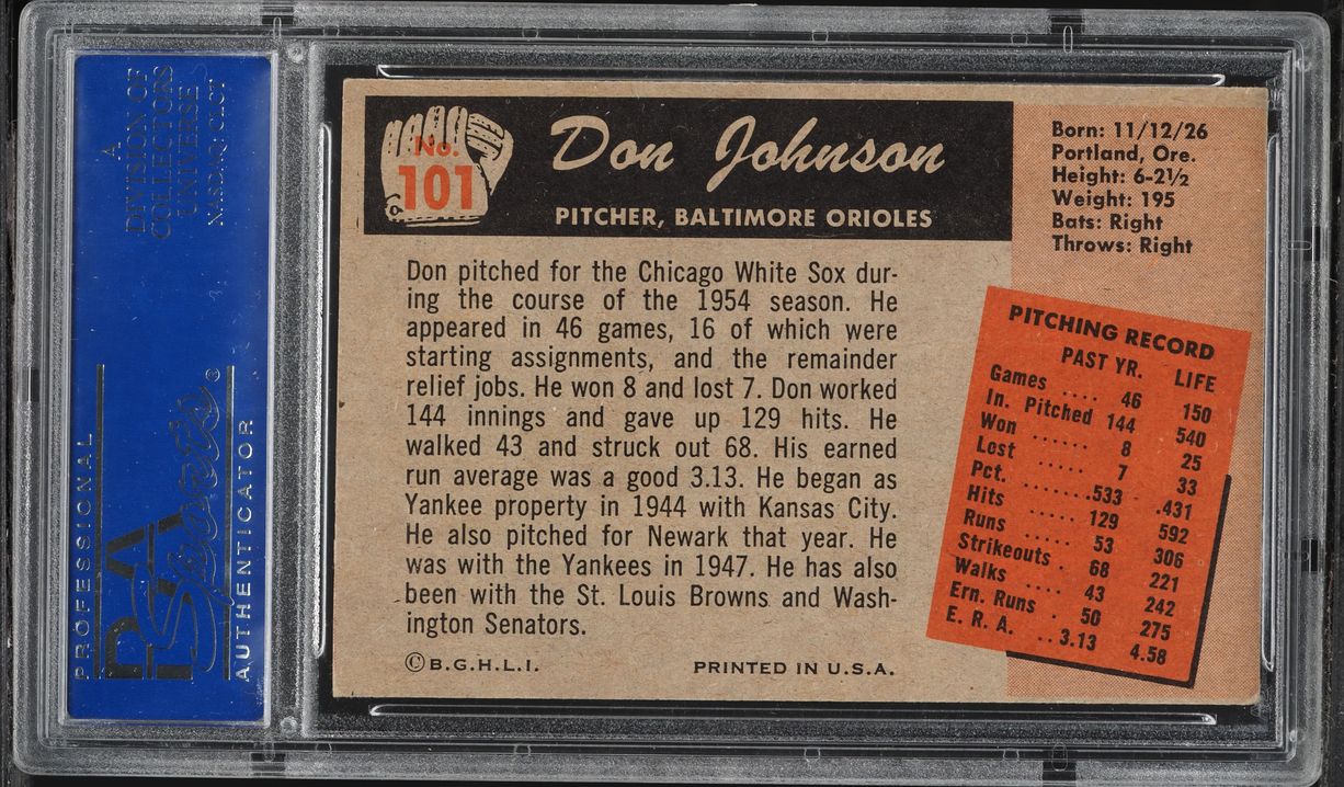 1955 Bowman Don Johnson ERNIE JOHNSON FRONT BRAVES #101 PSA 6 EXMT