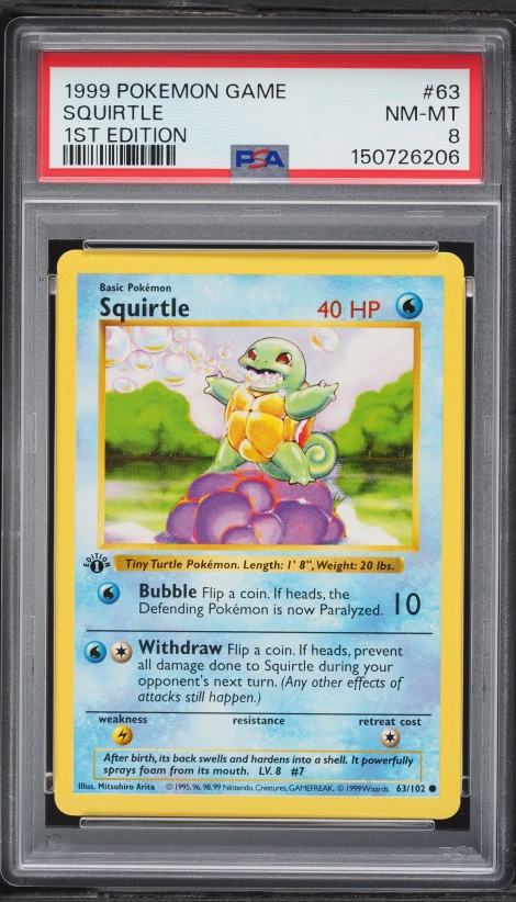 1999 Pokemon Base Set Shadowless 1st Edition Squirtle #63 PSA 8 NM-MT