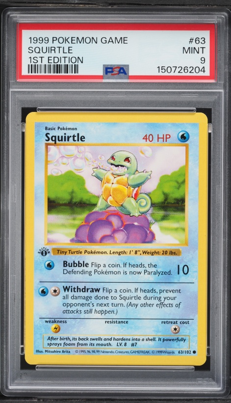 1999 Pokemon Base Set Shadowless 1st Edition Squirtle #63 PSA 9 MINT