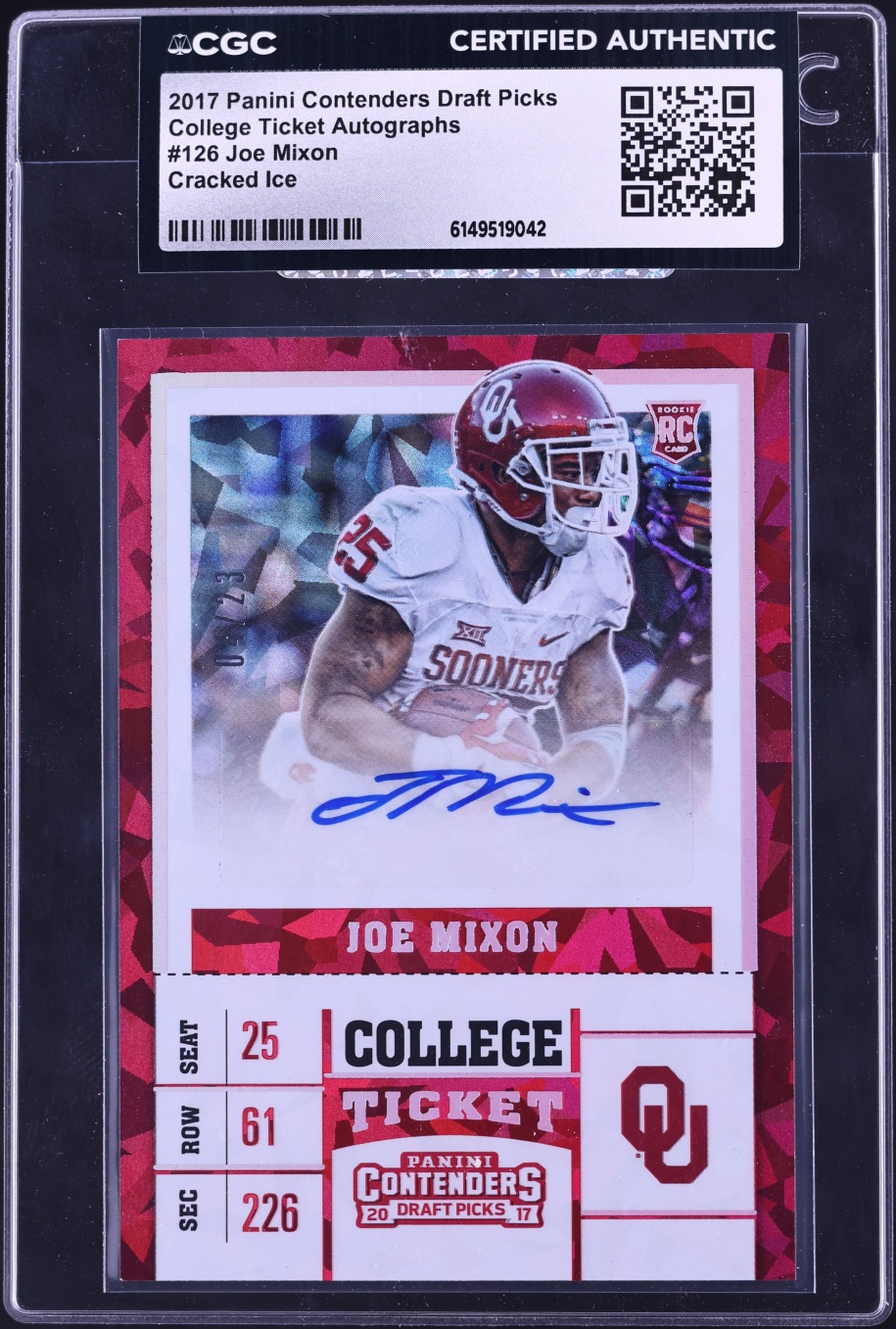 2017 Panini Contenders Draft Picks Ticket Cracked Ice Joe Mixon ROOKIE AUTO /23 #126 CGC AUTH