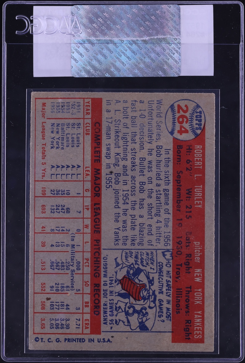 1957 Topps Bob Turley #264 CGC AUTH